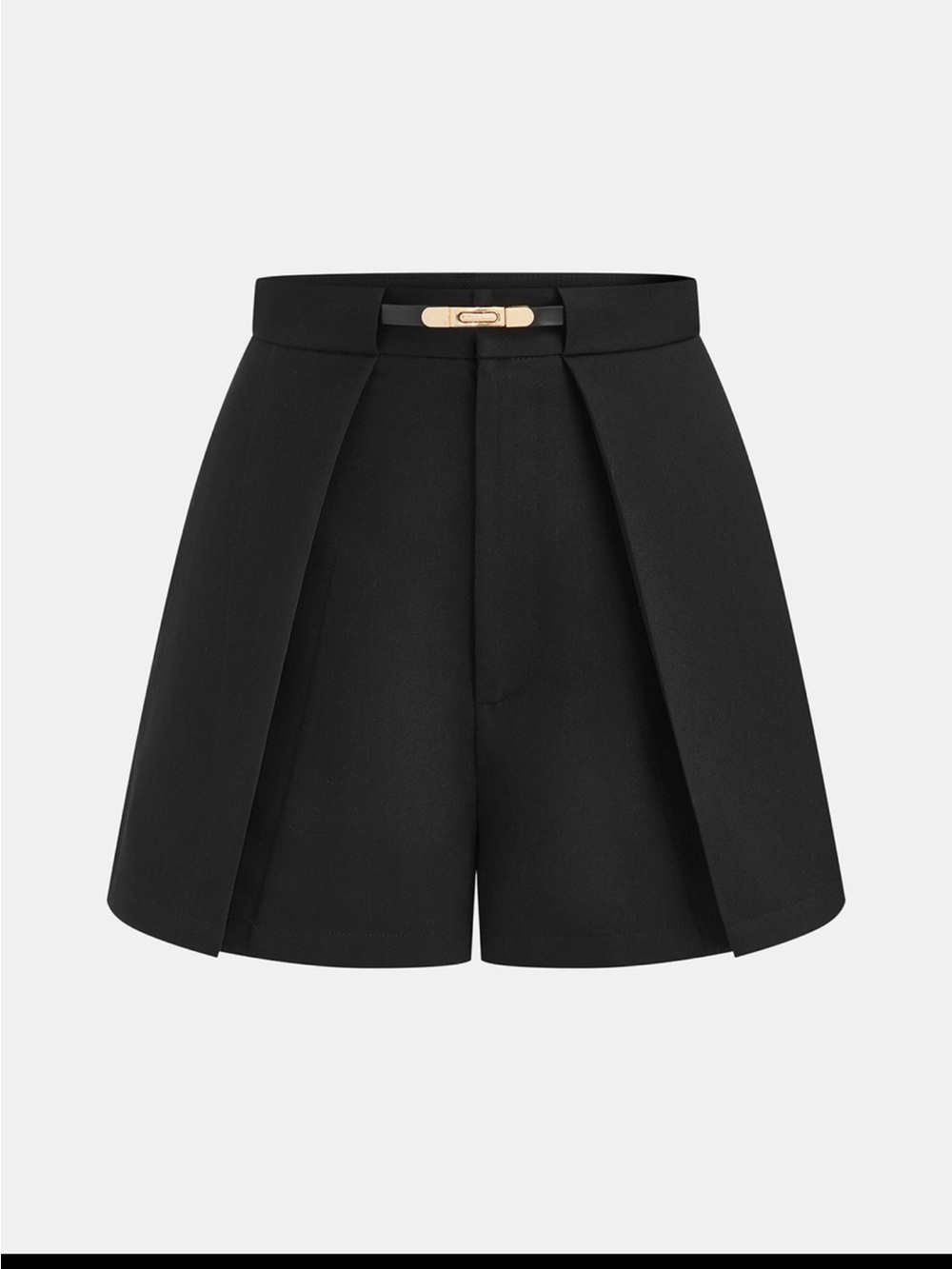 Commense Black Pleated Front Shorts with Gold Accent belt